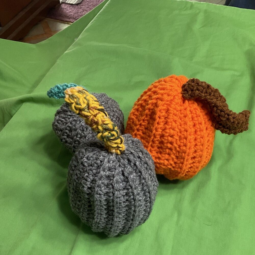 Handmade Crocheted Halloween Pumpkins Set of 3 - 2 Gray, 1 Orange Decor